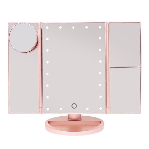 LED Sminkspegel i Hollywoodstil med Tre Paneler - Roséguld