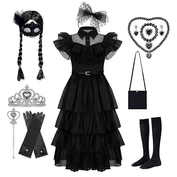 Onsdags Addams Kjole Cosplay Kostume Børn Piger Fest Sorte Kjoler Onsdags Halskæde Maske Paryk (gratis fragt) kun Blonde Halskæde only Lace necklace 140cm