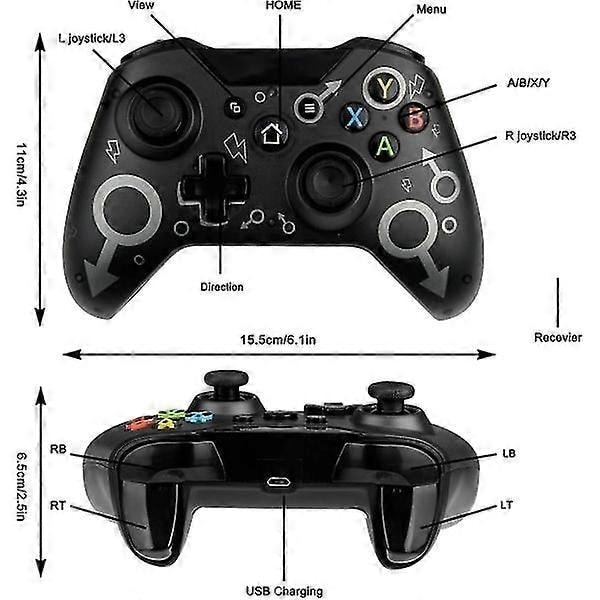 Paris Langaton ohjain Xbox Onelle, Xbox-ohjain 2,4 GHz:n langattomalla adapterilla, Xbox One X/Xbox One S/PS3 ja PC (Musta)