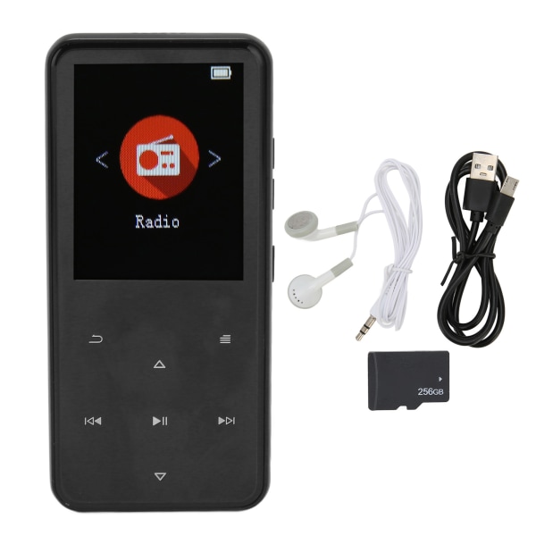 MP3-spelare 2,4 tum Smart HD brusreducering Pekknapp FM-radio 16GB Bluetooth 5.0 Musikspelare med minneskort Svart 256GB minneskort
