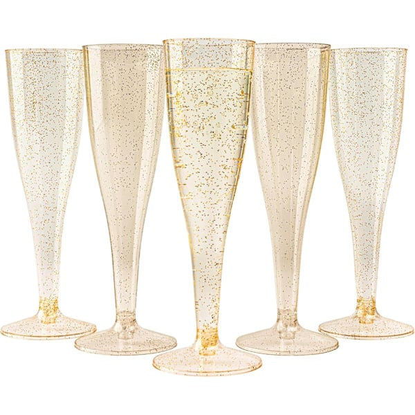 48 Premium Champagneglass i Plast med Gullglitter, 133ml - Gjenbrukbare Champagneglass, Plastglass, Proseccoglass for Cocktails, Vin Gold