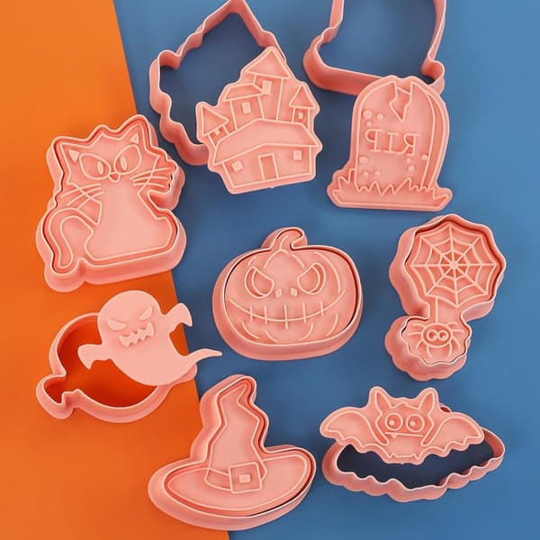 Halloween Cookie Cutter Sæt med 8, 3D Spøgelsesprægede Plaststempler, til Kagedekoration (Stil A)