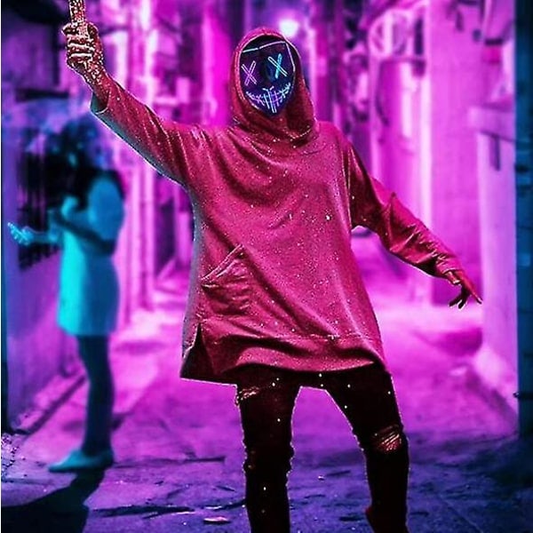 Sömmar Dubbelfärgad LED-Mask Halloween Cosplay Kostym Mask Lyser Upp Festivalfest blå lila