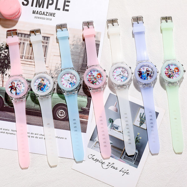 Søt tegnet klokke Frozen Quartz Watch LED-blixt for jente #4