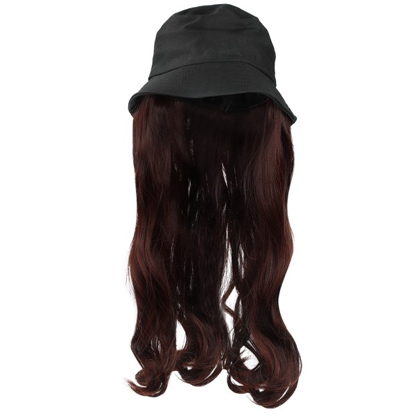 Muodikas musta bucket cap hattu peruukki pitkät kiharat hiukset ulkona hiuslisäke Tummanruskea