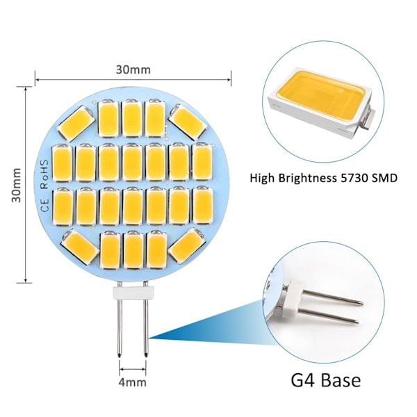 G4 LED 3W, AC12-24V, 300LM Varm Hvid 3000K, 24x5730 SMD 6-pak