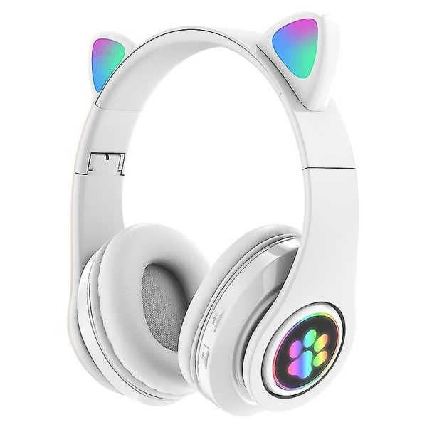 Söt kattöra Bluetooth hörlurar LED-ljus Blixt Stereo hopfällbara trådlösa headset med mikrofon tf FM för barn barn flicka presenter White
