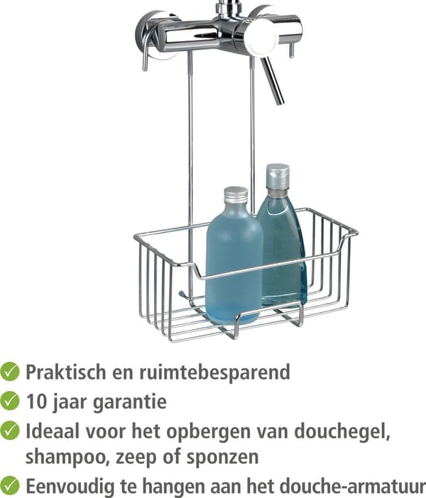 WENKO Milo Hængende Brusekurv, Borefri Brusehylde i Rustfrit Stål til Shampoo og Sæbe, Rustfri Over Brusehoved Organizer, 25 x 36 cm, Krom