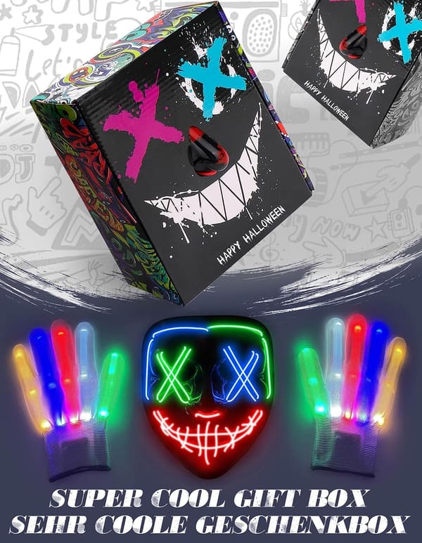 Halloween-maske LED-maske & hansker i flere lysmoduser