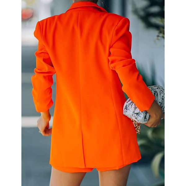 HAUFR 2-delt sæt til kvinder - Business Blazer Kostymer - Åben front Blazer og shorts sæt - Orange Orange Large