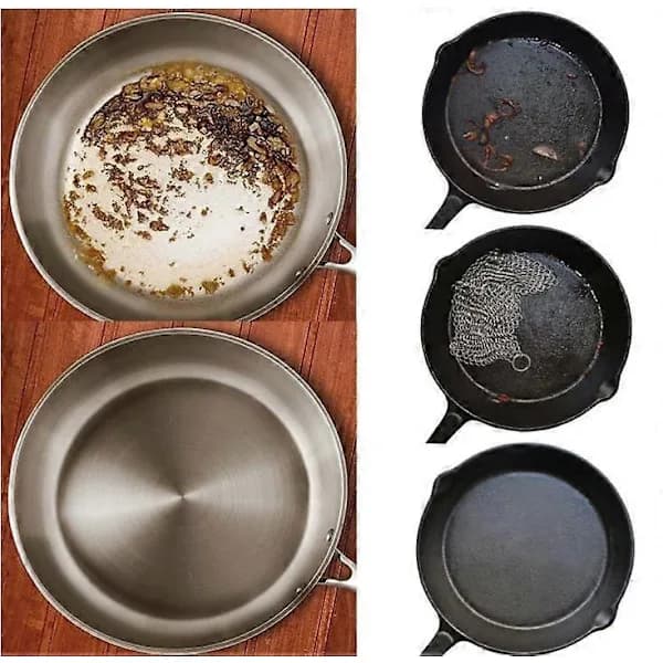 Støbejernspanderenser Rustfrit Stål Kædepanser Skrubber til Stegepander, Bageplader, BBQ-griller og Køkkengrej Sølv