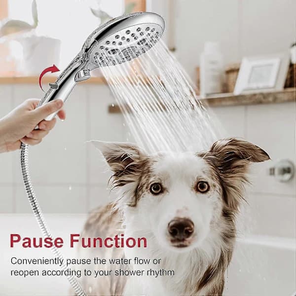 Shower head with water stop button, handheld shower 7.3 l/min with 6 spray settings, on/off button, universal water saving, chrome