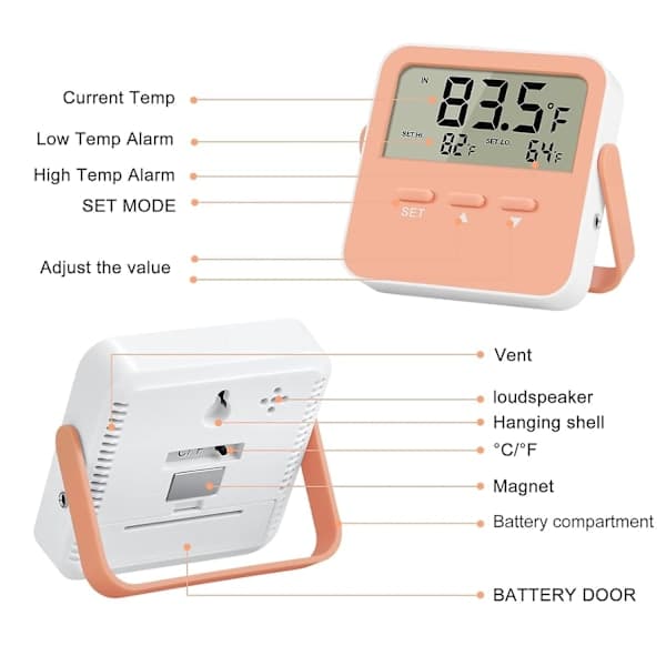 Fryslarms 2-pack Digital Kylskåpstermometer med Alarm, Hög/Låg Temperatur, Extra Sensor