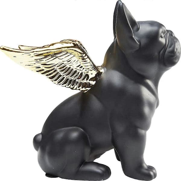 Dekorativ designstatue - Siddende hund med englevinger - Guld/sort