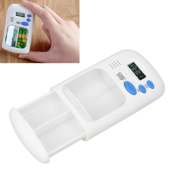 Smart Pill Dispenser Bærbar Automatisk 2 Grids Pill Organizer med alarmpåmindelse til hjemmebrug