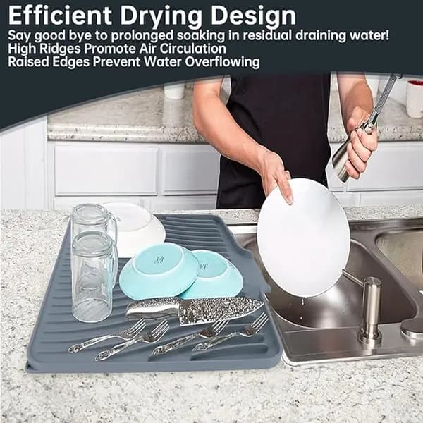 Silicone Dish Drying Mat with Drain, Non-Slip Heat Resistant Foldable Countertop Dish Rack for Kitchen, Grey 40 x 33 cm