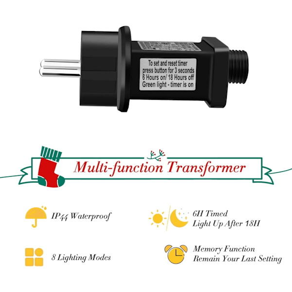 Transformatorplugg för julbelysning, 31 V LED-strömadapter med timer, minne, 8 lägen, IP44 vattentät strömadapterkontroll för julgran
