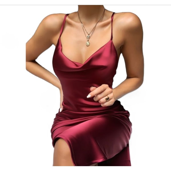 Ermløs satängklänning med spaghettiband for kvinner M