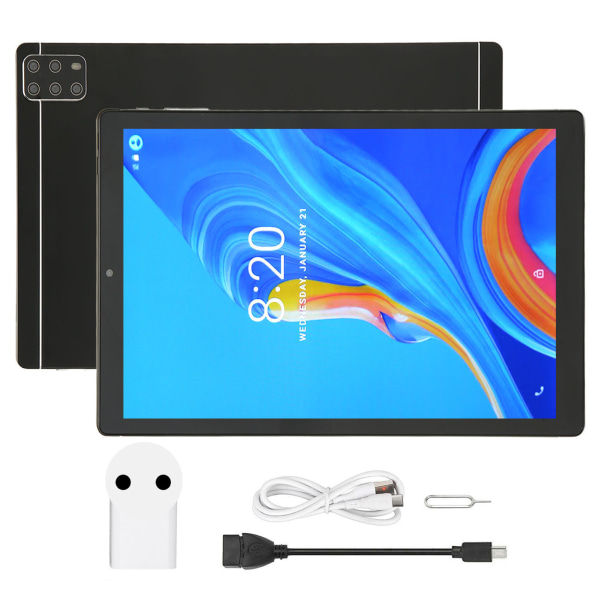 10,1 tommer tablet til Android 12.0 5G WiFi 6GB 128GB Front 2MP Bagside 5MP 10 Core CPU IPS Screen Tablet PC 100?240V Sort EU-stik
