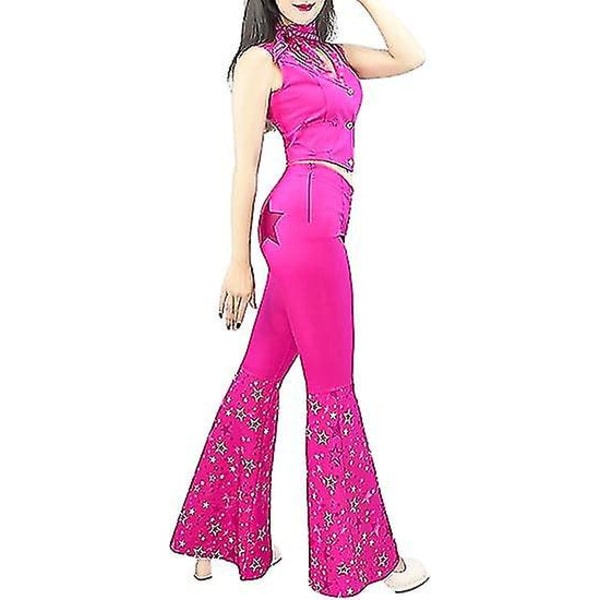 Cowgirl Outfit 70-tal 80-tal Hippie Disco Kostym Pink Flare Byxa Halloween Cosplay För Kvinnor Tjej L