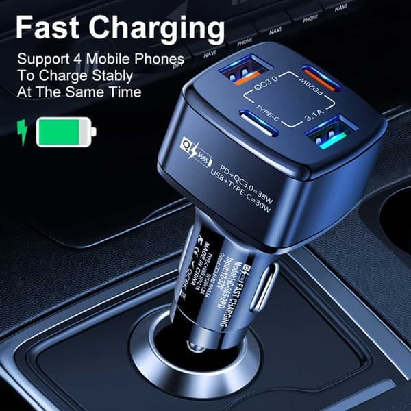 Billaddare 4 USB Supersnabb 38W PD Quick Charge 3.0
