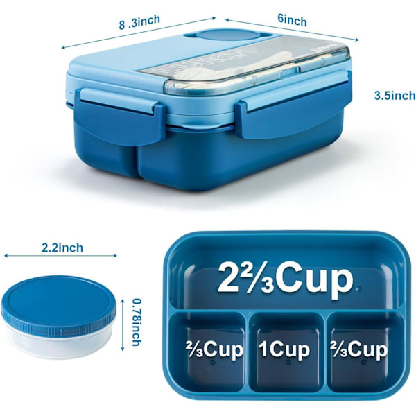 Lunchbox, 1300ml Bento Lunchbox för Vuxna och Barn, Lunchlåda med 4 Fack, 4-i-1 Matlagningslåda med Gaffel & Sked, Mikrovågsugnssäker Blue