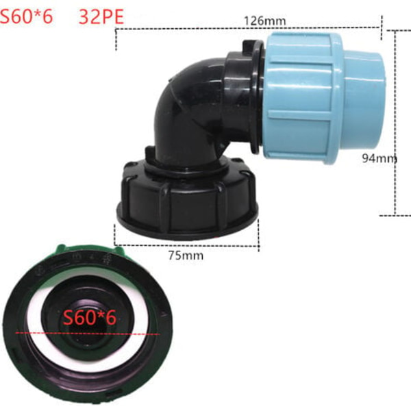 IBC-säiliöadapteri S60 x 6 - Liitin vesiletkun liittämiseen (32 mm:n kulmaulostulo).pa