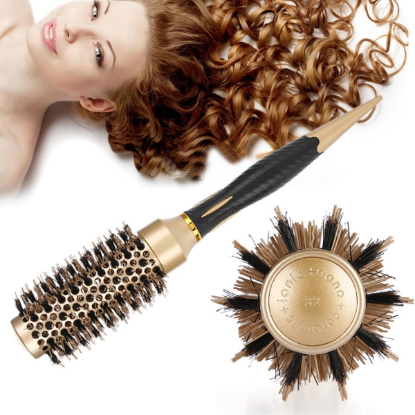 Bärbar Anion Antistatisk Rund Hair Kam Salon Styling Borste Guld & Svart (32mm)