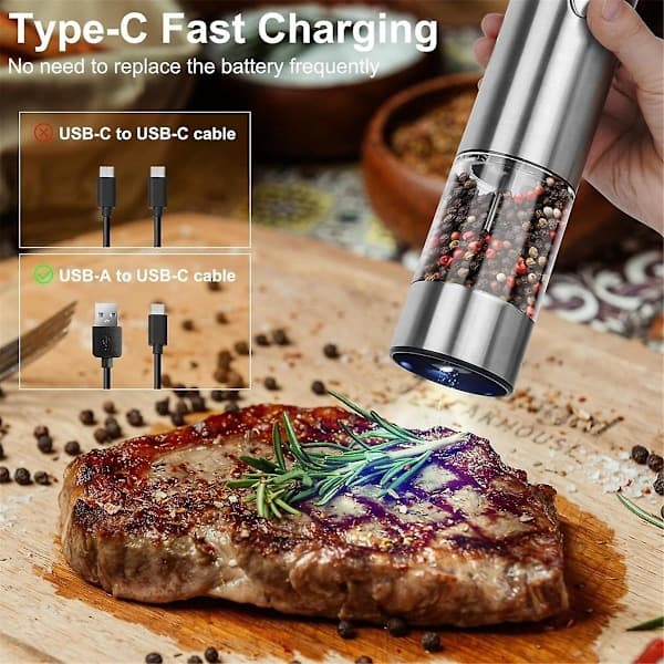 Electric Salt and Pepper Grinder Rechargeable Automatic Pepper Mill with Adjustable Coarseness and LED Light