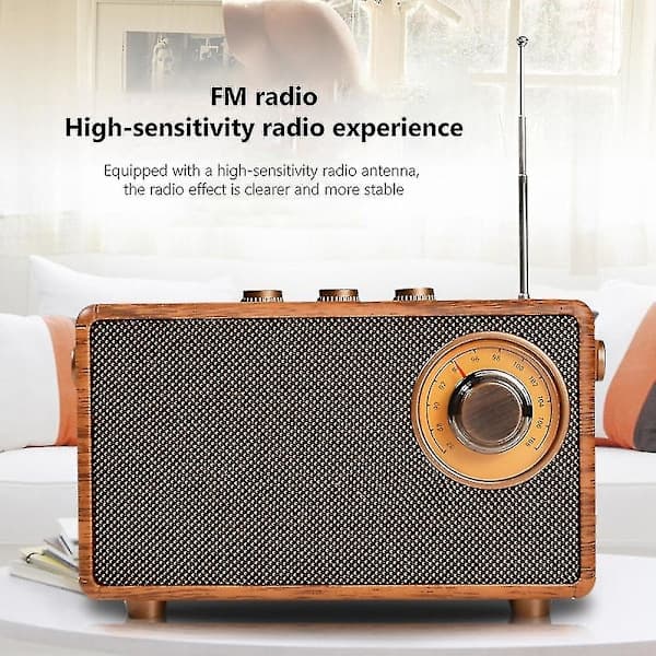 Retro FM-radio, bärbar Bluetooth-radio i trä, bashögtalare, handsfree MP3-spelare, stöder USB/TF-kort