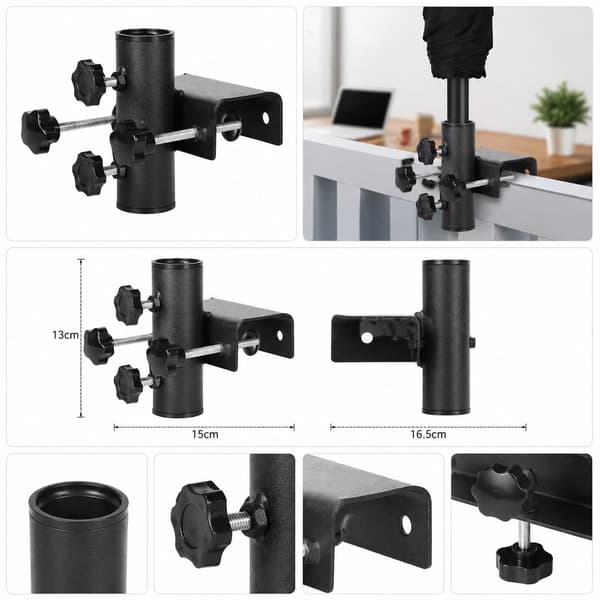 Paraplyklemmeholder, justerbar solid metallparasollfeste for lastesykler, markedsboder, terrasser og campingvogner, svart