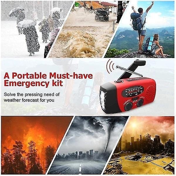 Emergency Radio, Portable Crank and Solar Radio with AM/FM, 2000 mAh Rechargeable Power, SOS Alarm, LED Flashlight Red (PA)
