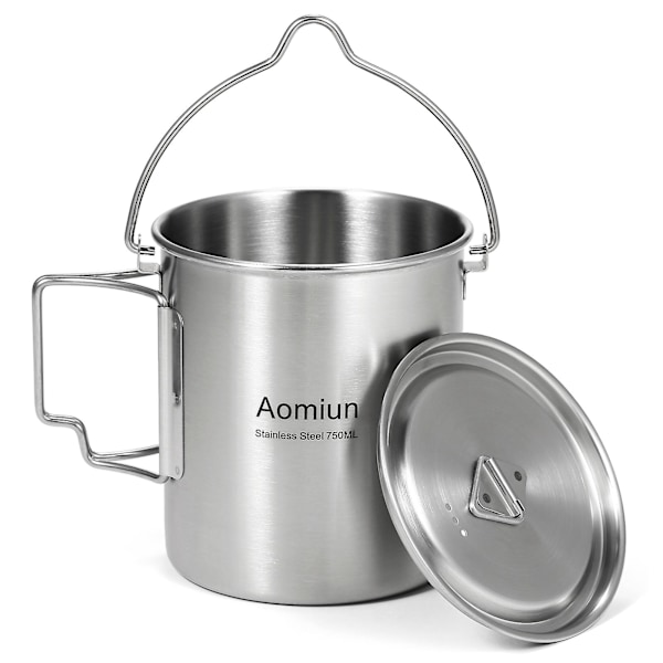 750 ml Rostfritt Stål Gryta Bärbar Vattenmugg Kopp med Lock och Vikbart Handtag Utomhuscamping Matlagning Picknick