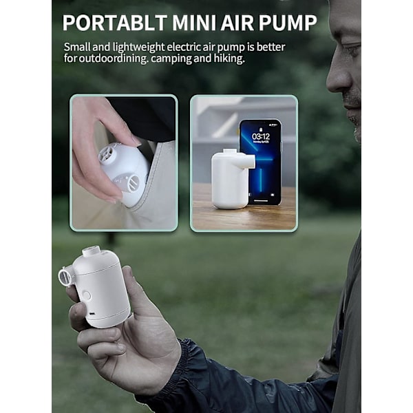 Vit - Elektrisk luftpumpe, Mini bærbar USB elektrisk luftpumpe, Camping oppblåsning og hurtig tømning, 4 oppblåsningsdyser, Velegnet til madrasser /