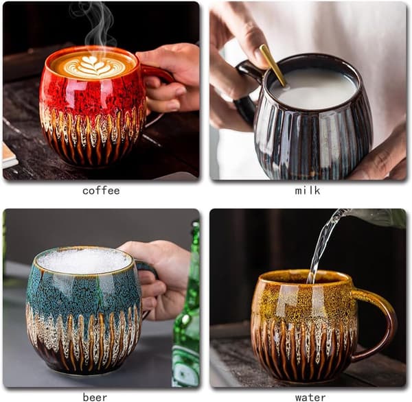 Stor keramisk kaffemugg, 600 ml Raku-glasyr, mikrovågs- och diskmaskinssäker, för kaffe, te och soppa, grön