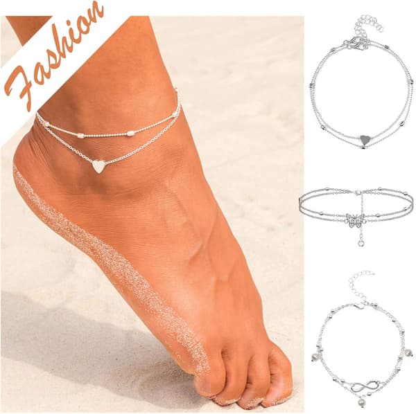 3 st Anklets för Kvinnor, Fotkedjor Silver Pärla Anklet