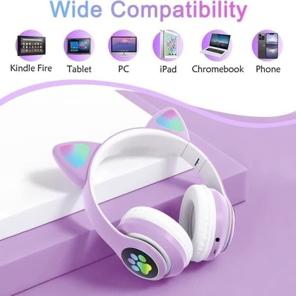 Wireless Kids Headphones with LED Light, Cat Ears and Microphone