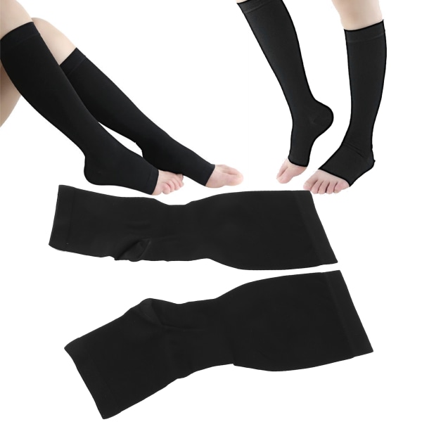 Kompressiosukat, hengittävät, liukumattomat joustavat avokärkiset sukat naisille, mustat