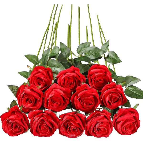 Set med 12 konstgjorda rosor, deco falska sidenblommor med enkel stjälk, realistisk blomma Red