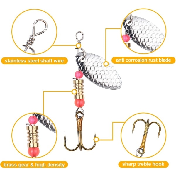 Spinnerblinker set, 16 delar fiskearbete med trekrokar, paljetter artificiella beten för öring, abborre, lax, gädda
