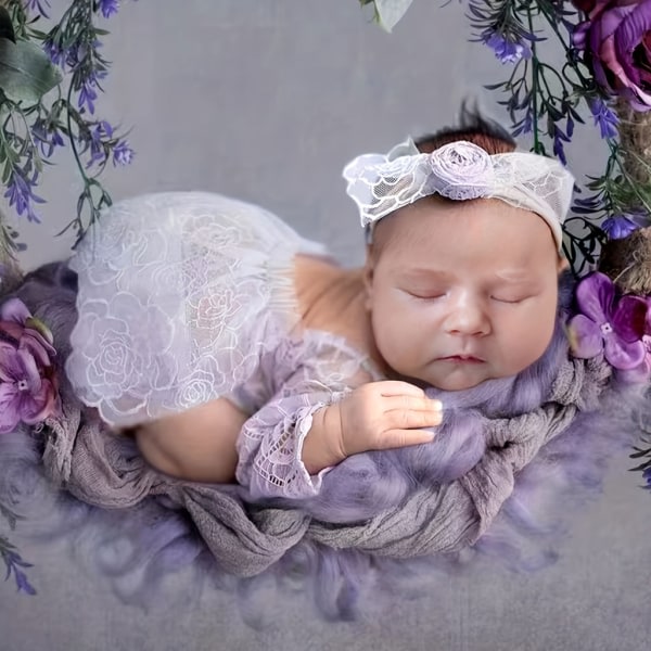 Nyfödd valokuvarekvisita Rosett Pannband & Spets Jumpsuit Baby Kläder Huvudbonad Rygglös Triangel Romper för nyfödd