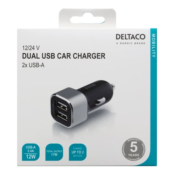 USB biloplader, 2x USB-A, 2.4 A, total 17 W, sort/sølv