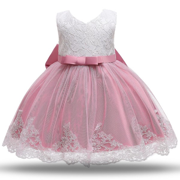 Spädbarn Baby Flickor Spetsklänningar Barn Blomma Elegant Bröllop Prinsessa Fest Tutu Klänning Barn Födelsedag Dop Formell Kläder Vit Rosa 70cm