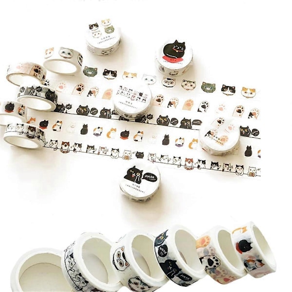 Kat Washi Tape Sæt - 15 mm Bred Washi Tape, Bred 4,8 meter Lang/Rulle Sødt Washi Tape, Scrapbogstilbehør, Journalføringstilbehør.pa