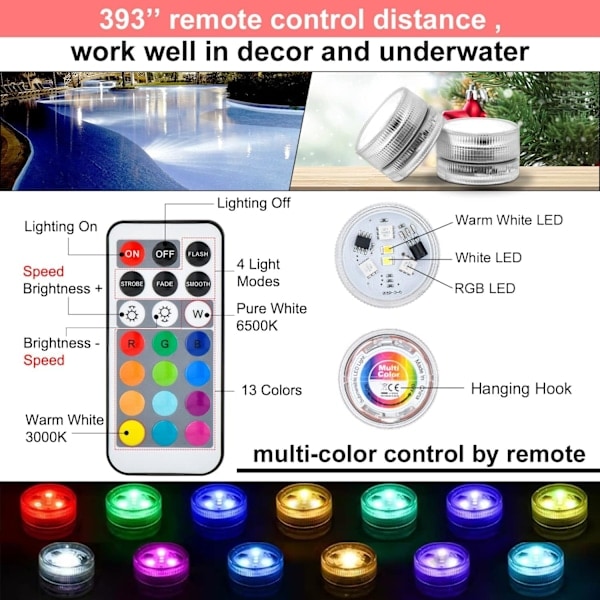 10-pack Mini LED-dyklampor, Mini LED-akvarielampor, Vattentäta undervattenslampor RGB Flerfärgade LED-lampor med 2 fjärrkontroller