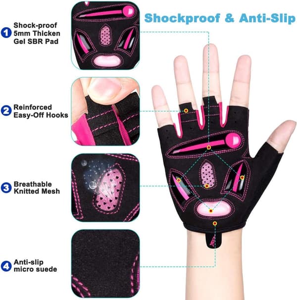 Cykelhandsker med SBR stødabsorberende polstring og silikonegreb, åndbart mesh, reflekterende striber, til mænd og kvinder, cykling MTB, pink