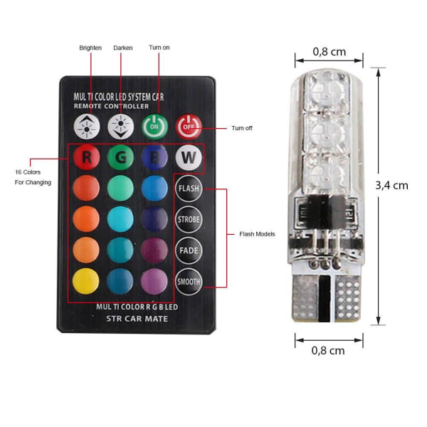 LED Positionslys T10 - W5W RGB med Fjernbetjening MultiColor