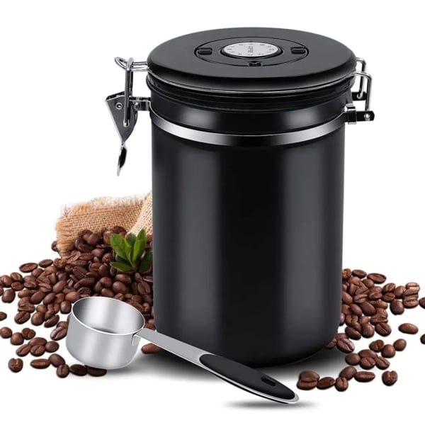 Kaffedåse Lufttæt Dåse Rustfrit Stål Opbevaringsbeholder til Kaffe Bønner 1,5 L med Ske og Udluftningsventil til Kaffe Te, Sort