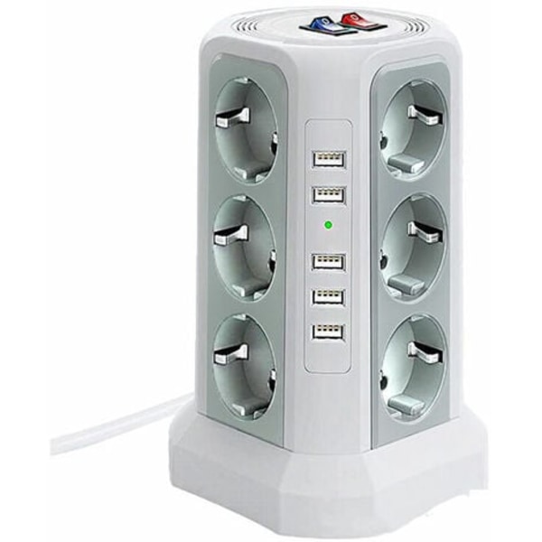 Stødbeskyttende tårnforlængerledning med overspændingsbeskyttelse, elektrisk forlængerledning med 5 USB-porte og 12 stik, forlængerledning med 3 kontakter, hvid.pa