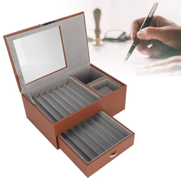 Pen Display Box Double Layer Reservoarpenna Case PU Läder Pen Collection OrganizerBrun